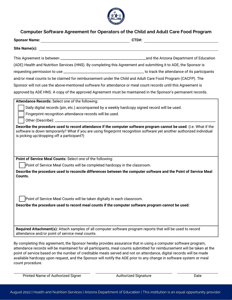Computer Software Agreement for Operators of the Child and Adult Care Food Program - Arizona, Page 1