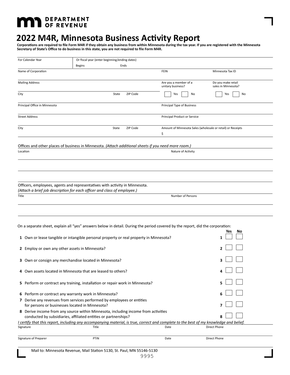 Form M4R Minnesota Business Activity Report - Minnesota, Page 1