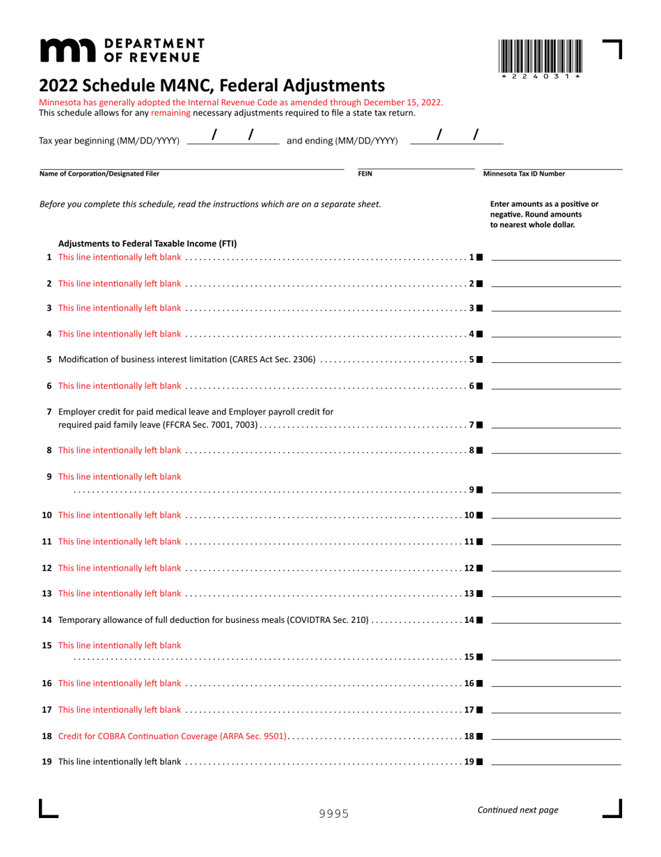 Schedule M4NC Federal Adjustments - Minnesota, Page 1