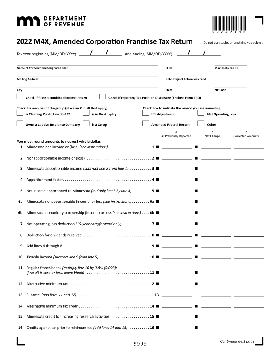 Form M4X Amended Corporation Franchise Tax Return - Minnesota, Page 1