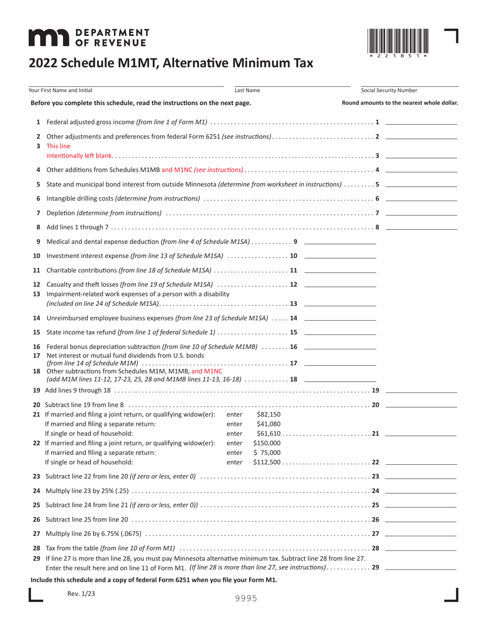 Schedule M1MT Alternative Minimum Tax - Minnesota, Page 1