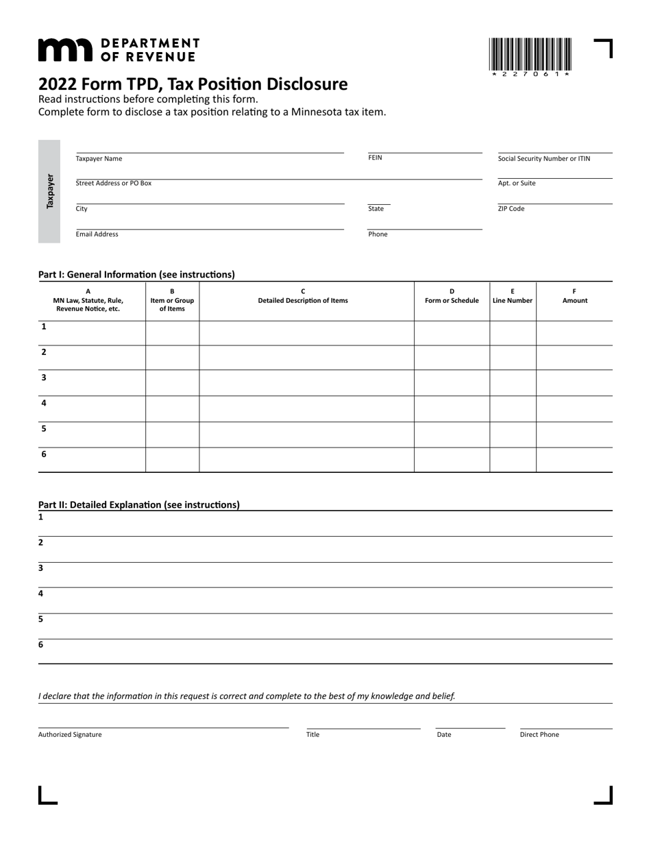 Form TPD Tax Position Disclosure - Minnesota, Page 1
