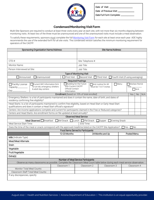 Condensed Monitoring Visit Form - Arizona Download Pdf