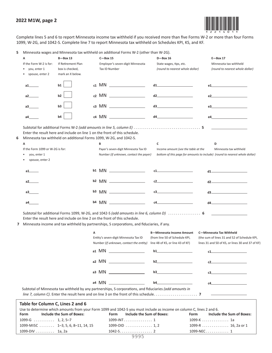 Schedule M1W Minnesota Income Tax Withheld - Minnesota, Page 2