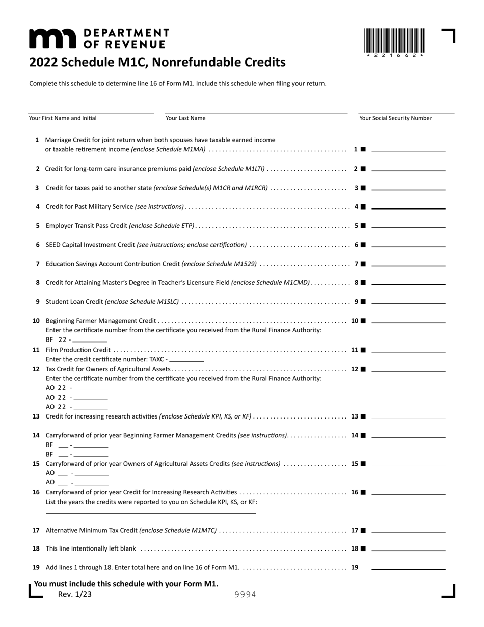 Schedule M1C Nonrefundable Credits - Minnesota, Page 1