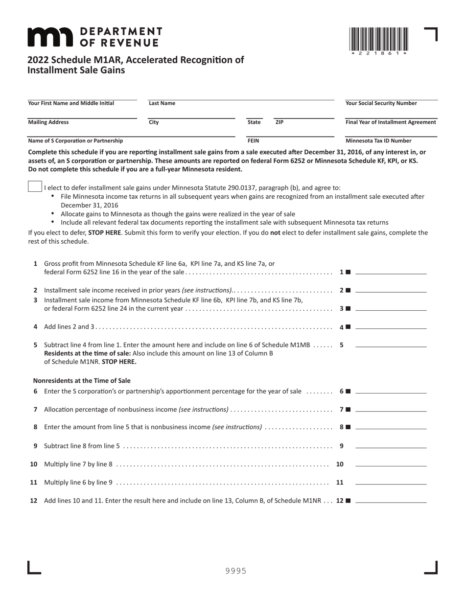 Schedule M1AR Accelerated Recognition of Installment Sale Gains - Minnesota, Page 1