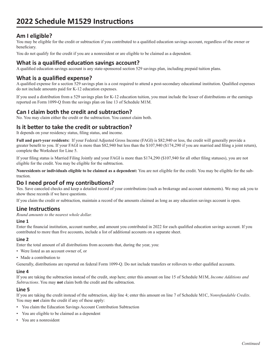Schedule M1529 Education Savings Account Contribution Credit or Subtraction - Minnesota, Page 2