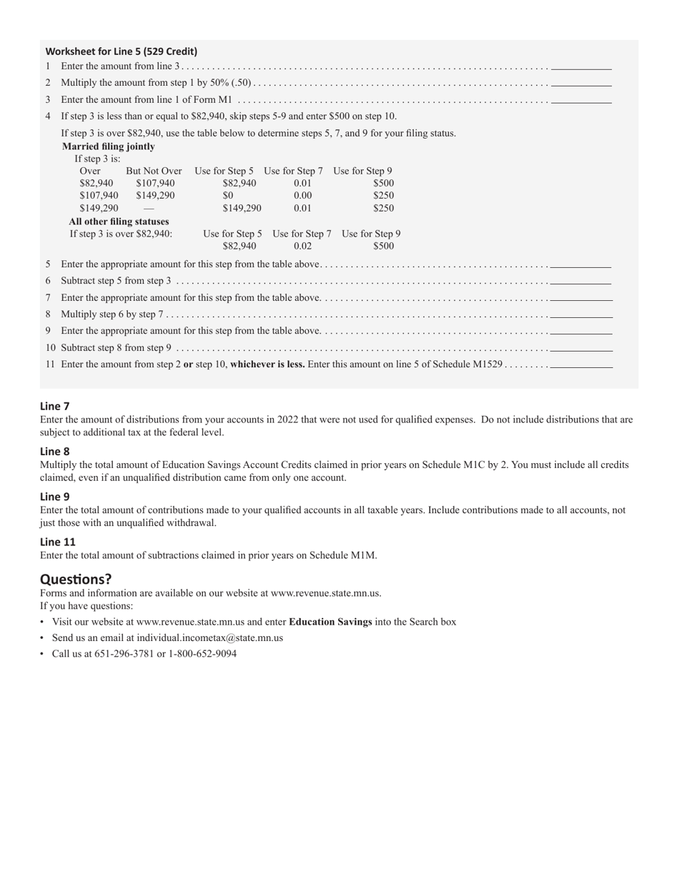 Schedule M1529 Education Savings Account Contribution Credit or Subtraction - Minnesota, Page 3