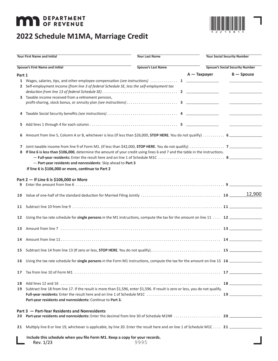 Schedule M1MA Marriage Credit - Minnesota, Page 1