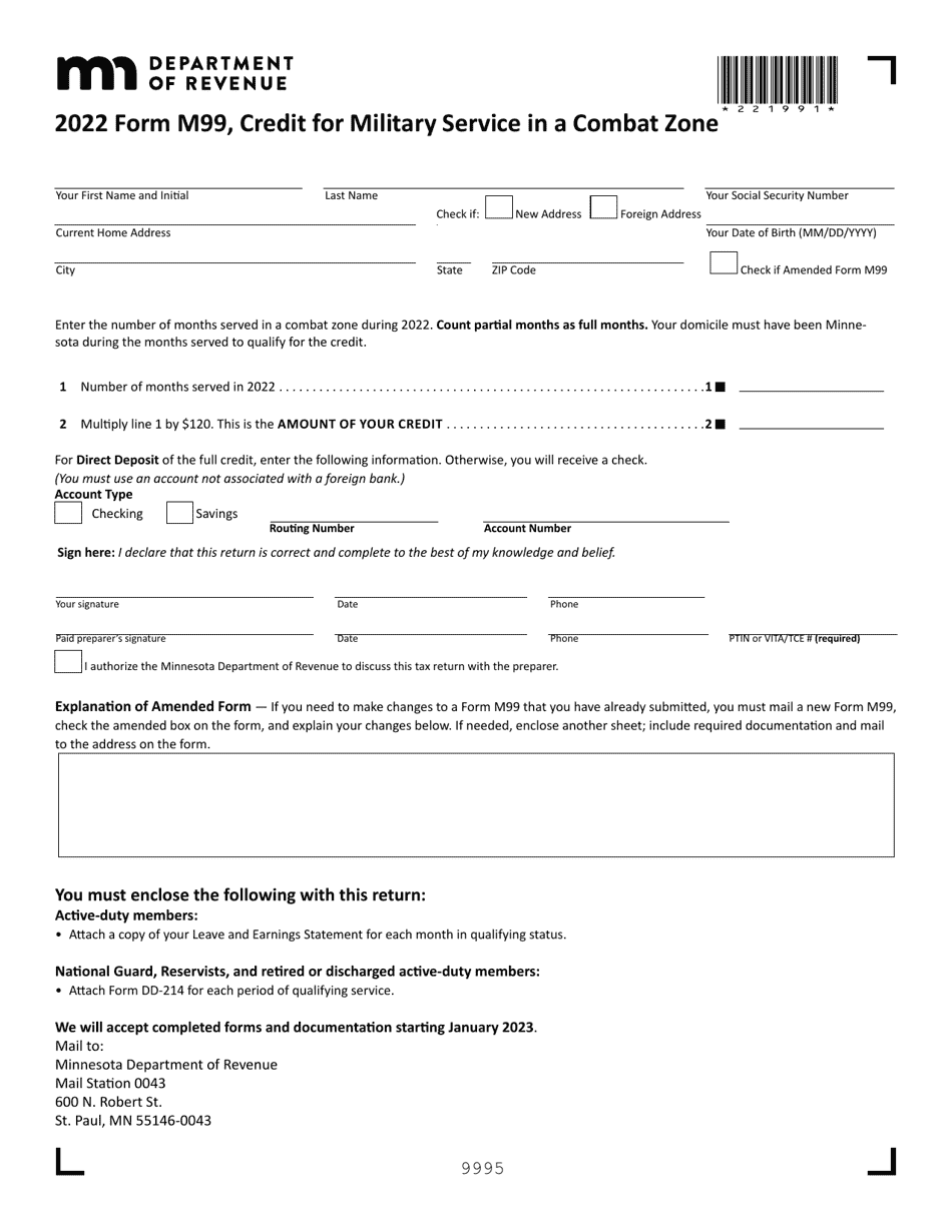 Form M99 Credit for Military Service in a Combat Zone - Minnesota, Page 1