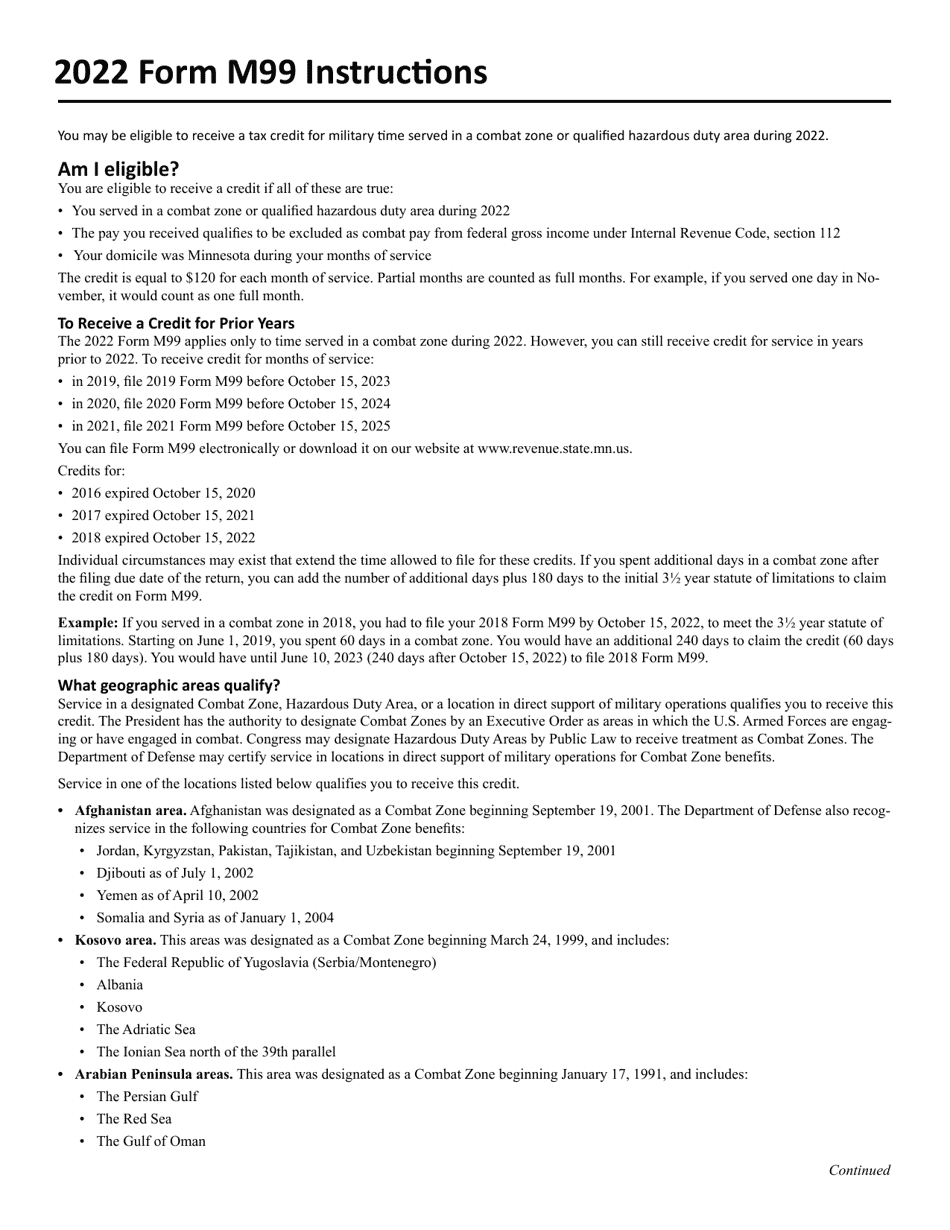 Form M99 Credit for Military Service in a Combat Zone - Minnesota, Page 2