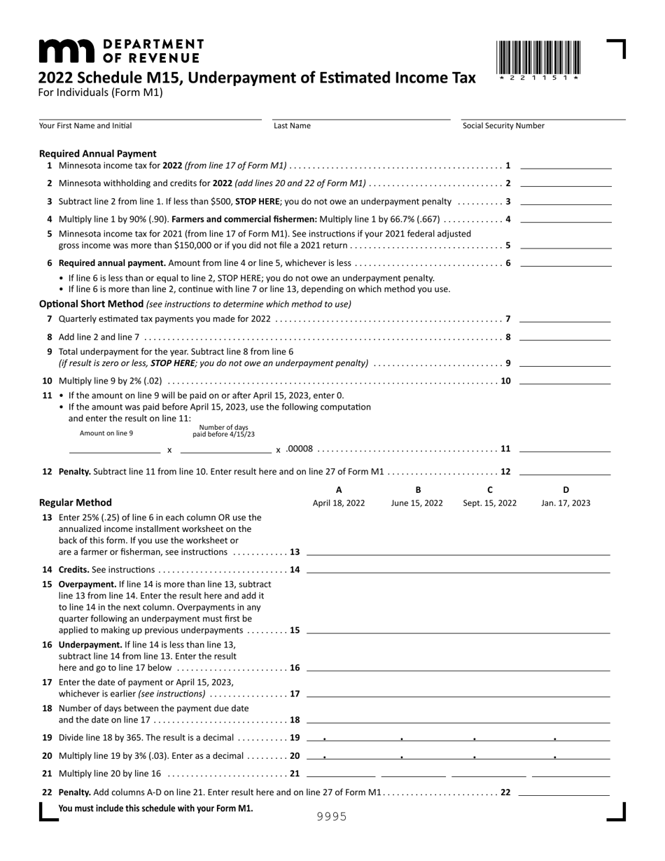 Schedule M15 Underpayment of Estimated Income Tax - Minnesota, Page 1