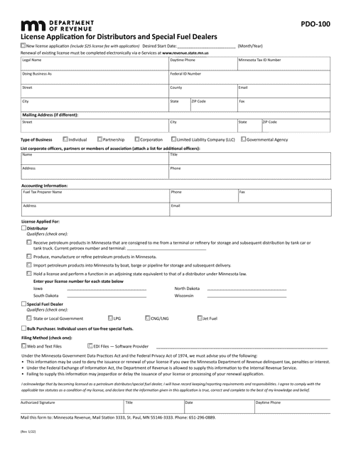 Form PDO-100 License Application for Distributors and Special Fuel Dealers - Minnesota