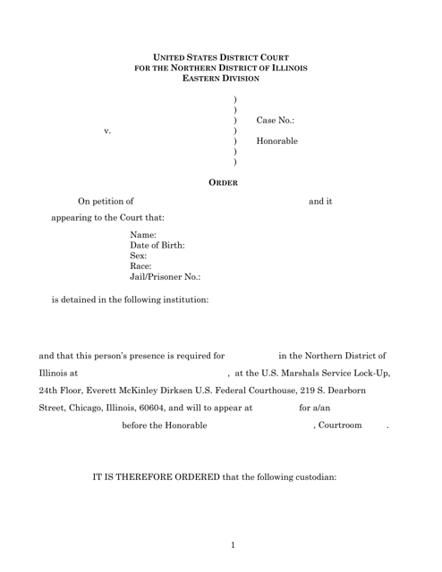 Writ Order Form for Eastern Division - Illinois Download Pdf