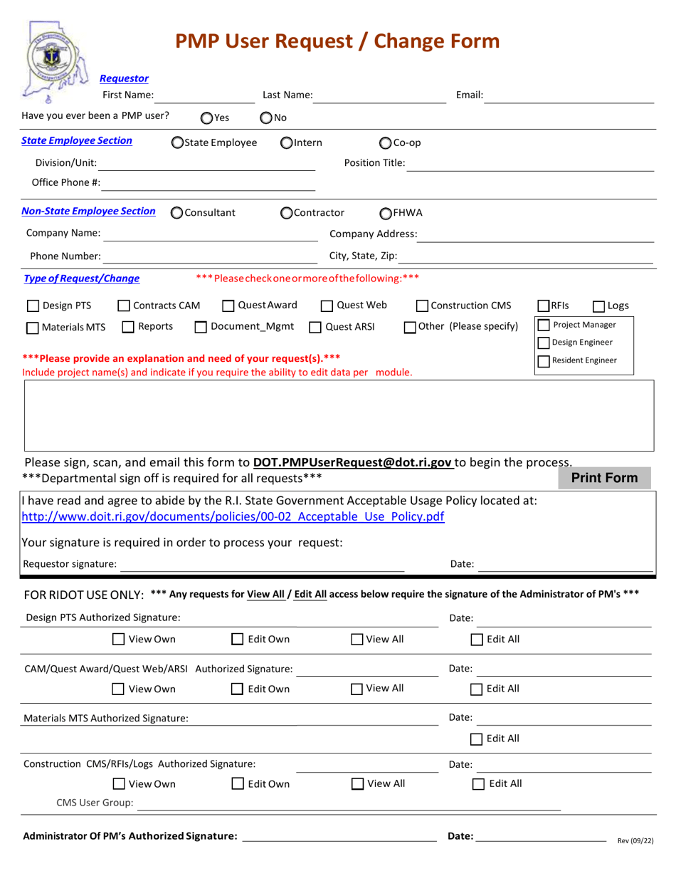 Pmp User Request / Change Form - Rhode Island, Page 1