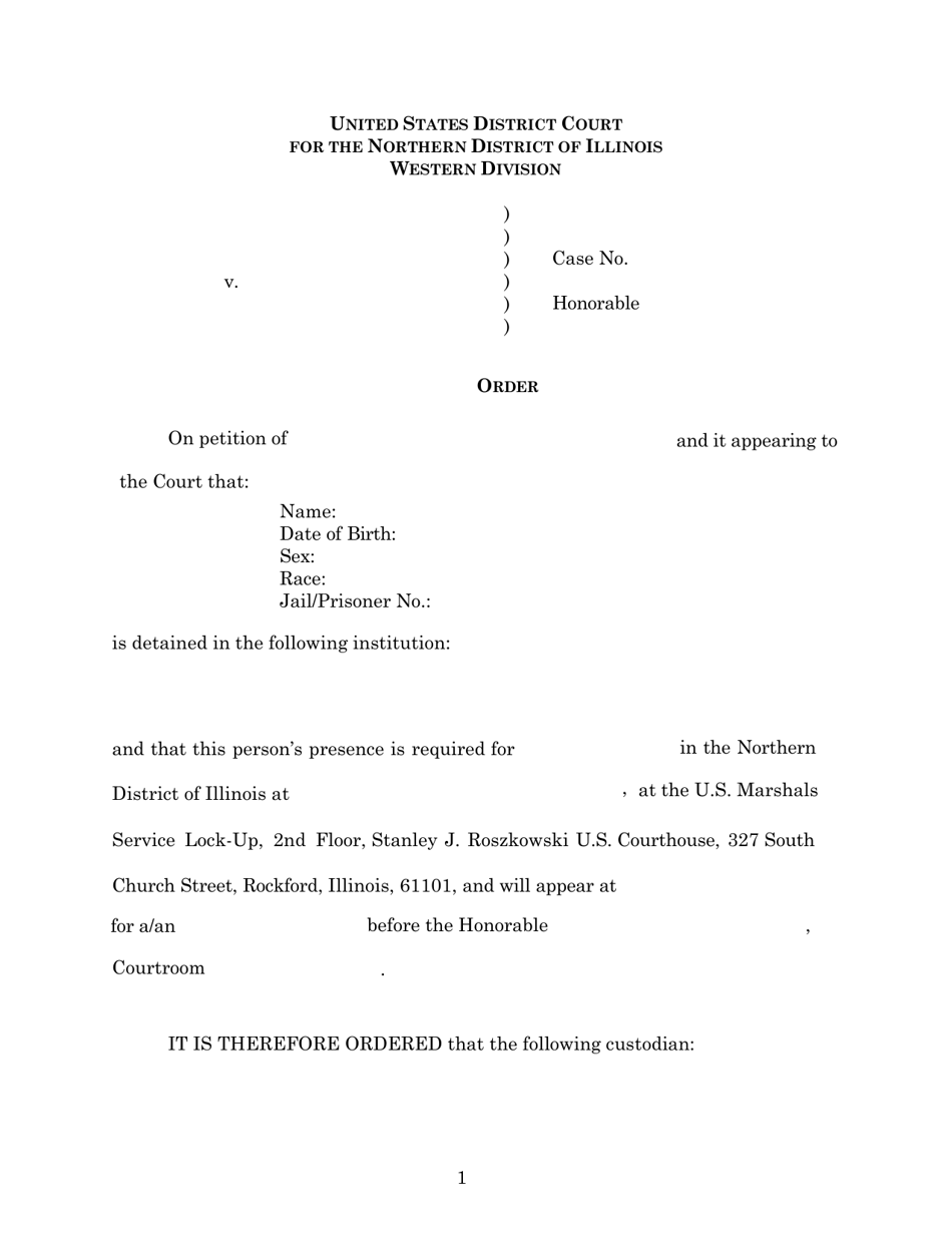 Writ Order Form for Western Division - Illinois, Page 1