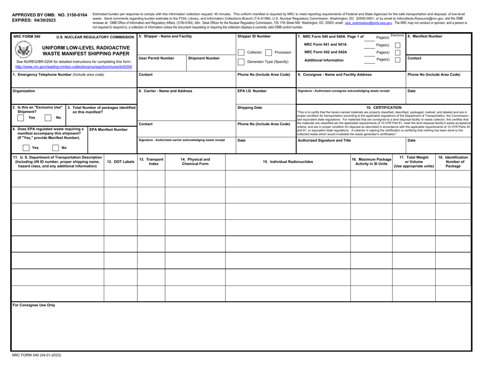 NRC Form 540 Uniform Low-Level Radioactive Waste Manifest Shipping Paper, Page 1