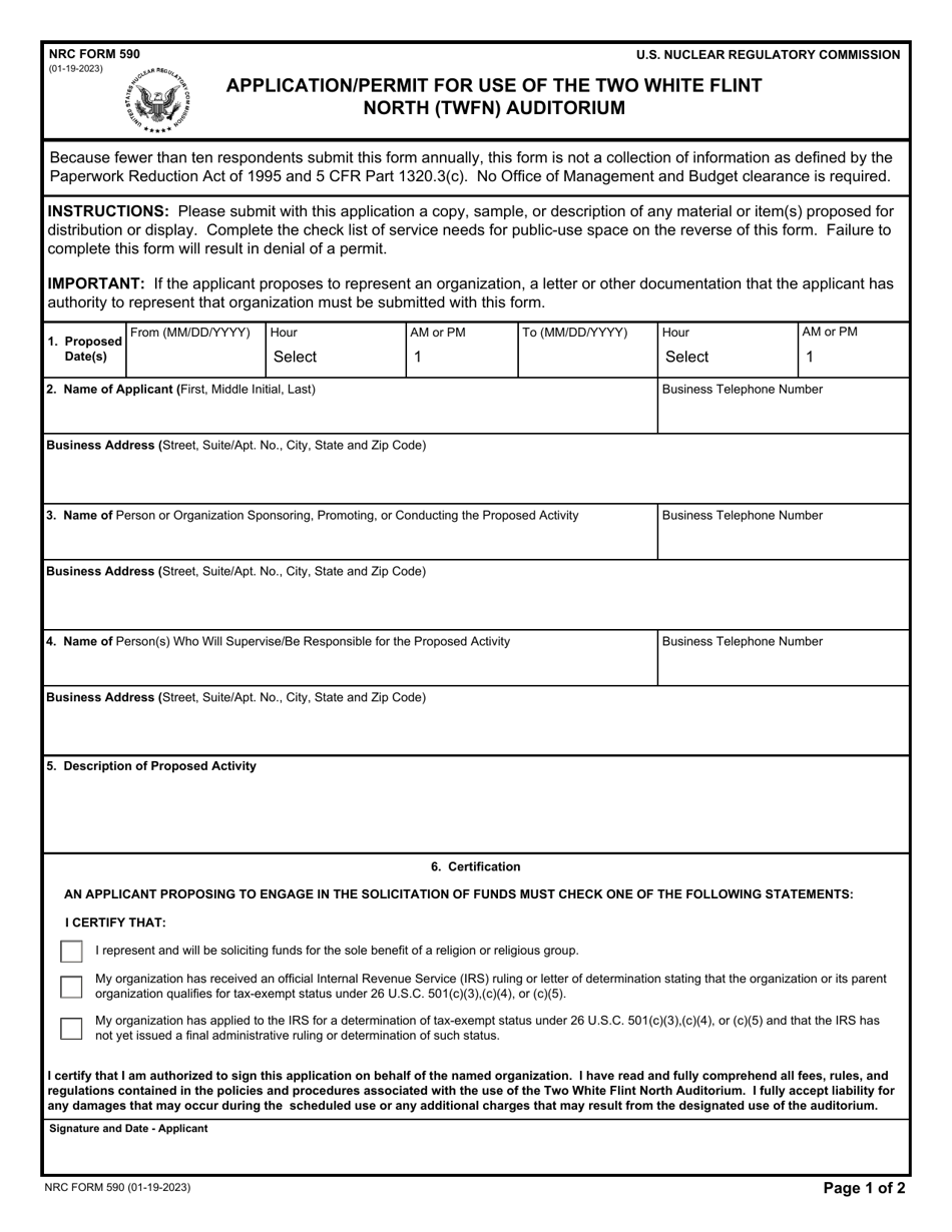 NRC Form 590 Application / Permit for Use of the Two White Flint North (Twfn) Auditorium, Page 1