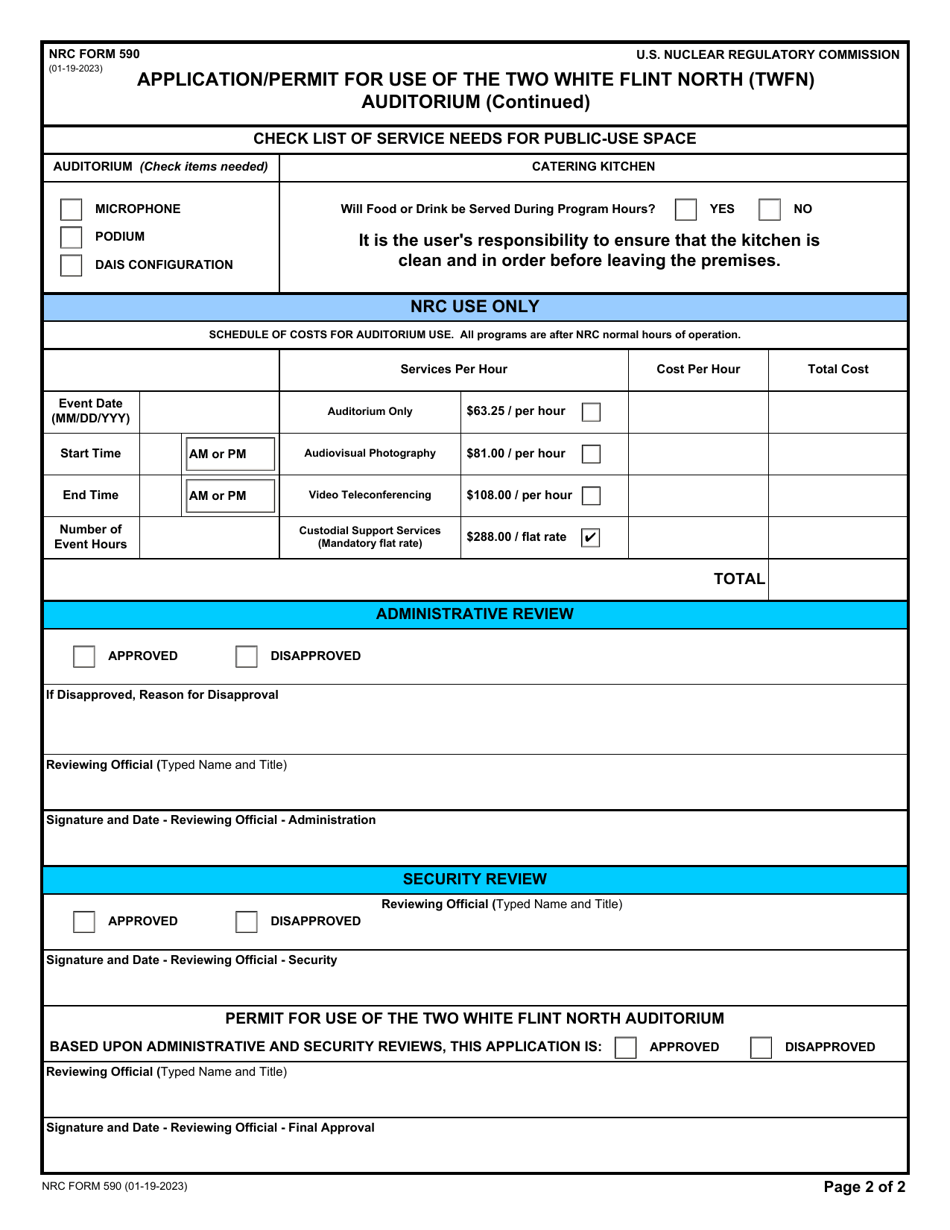 NRC Form 590 Application / Permit for Use of the Two White Flint North (Twfn) Auditorium, Page 2