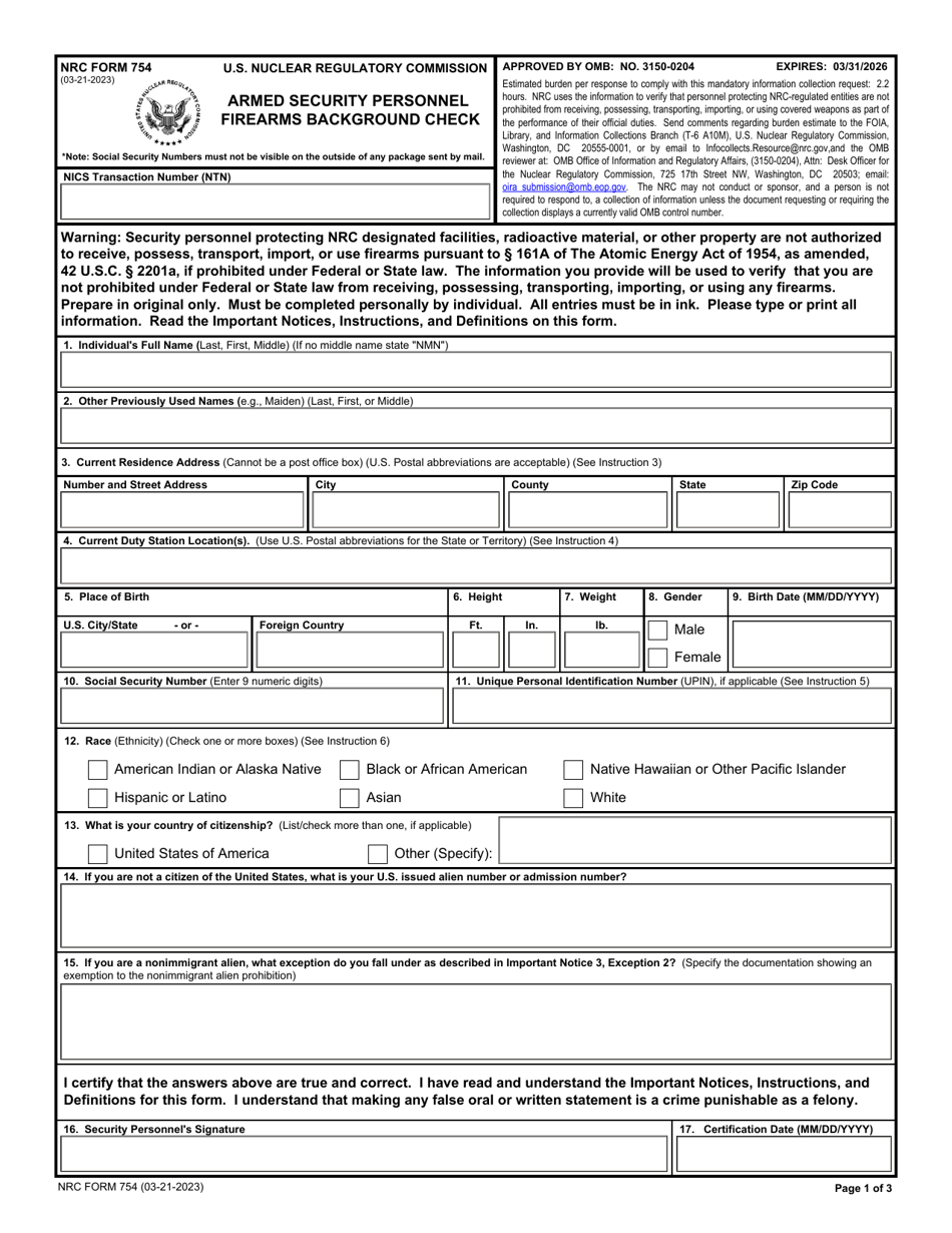 NRC Form 754 Armed Security Personnel Firearms Background Check, Page 1