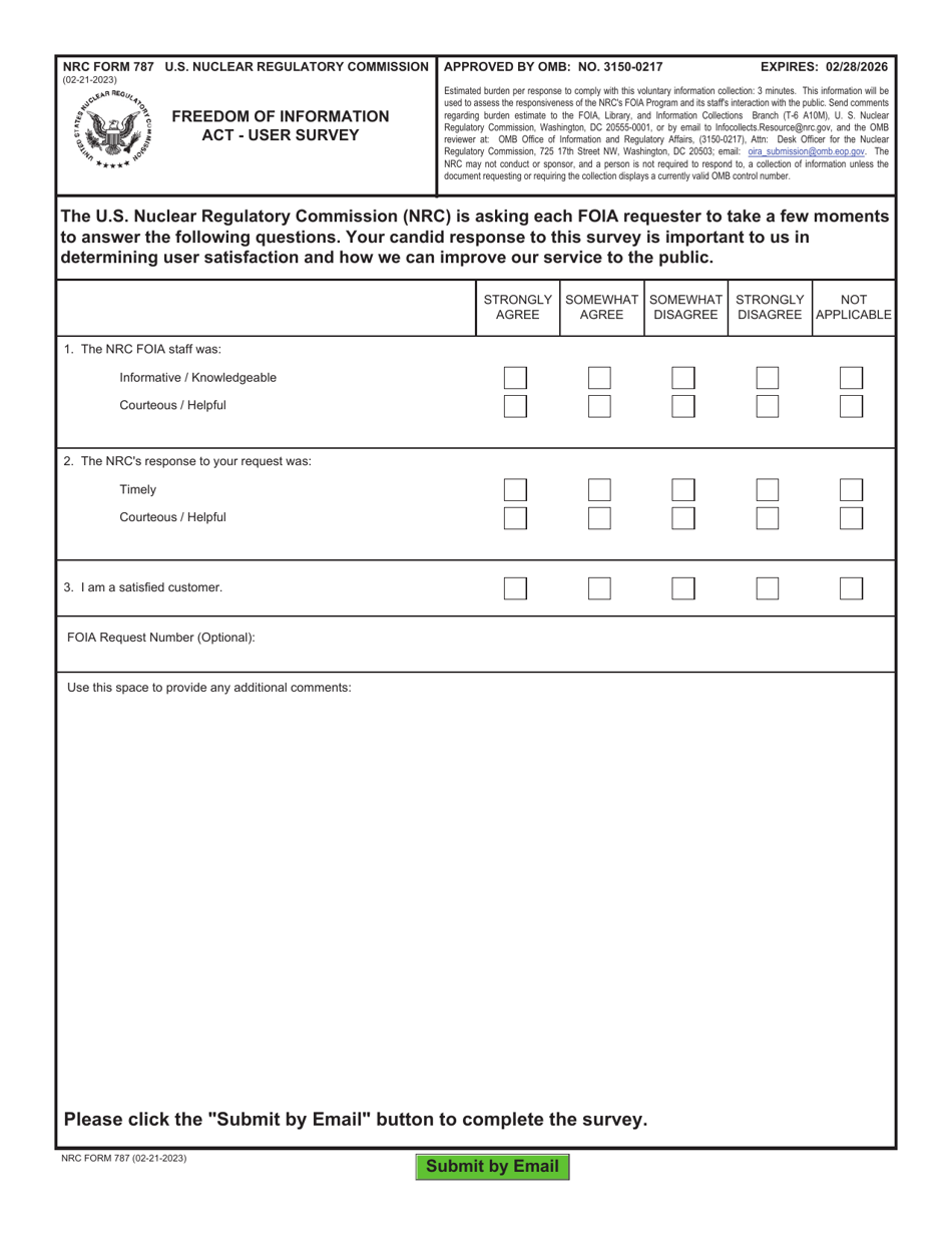 NRC Form 787 Freedom of Information Act - User Survey, Page 1