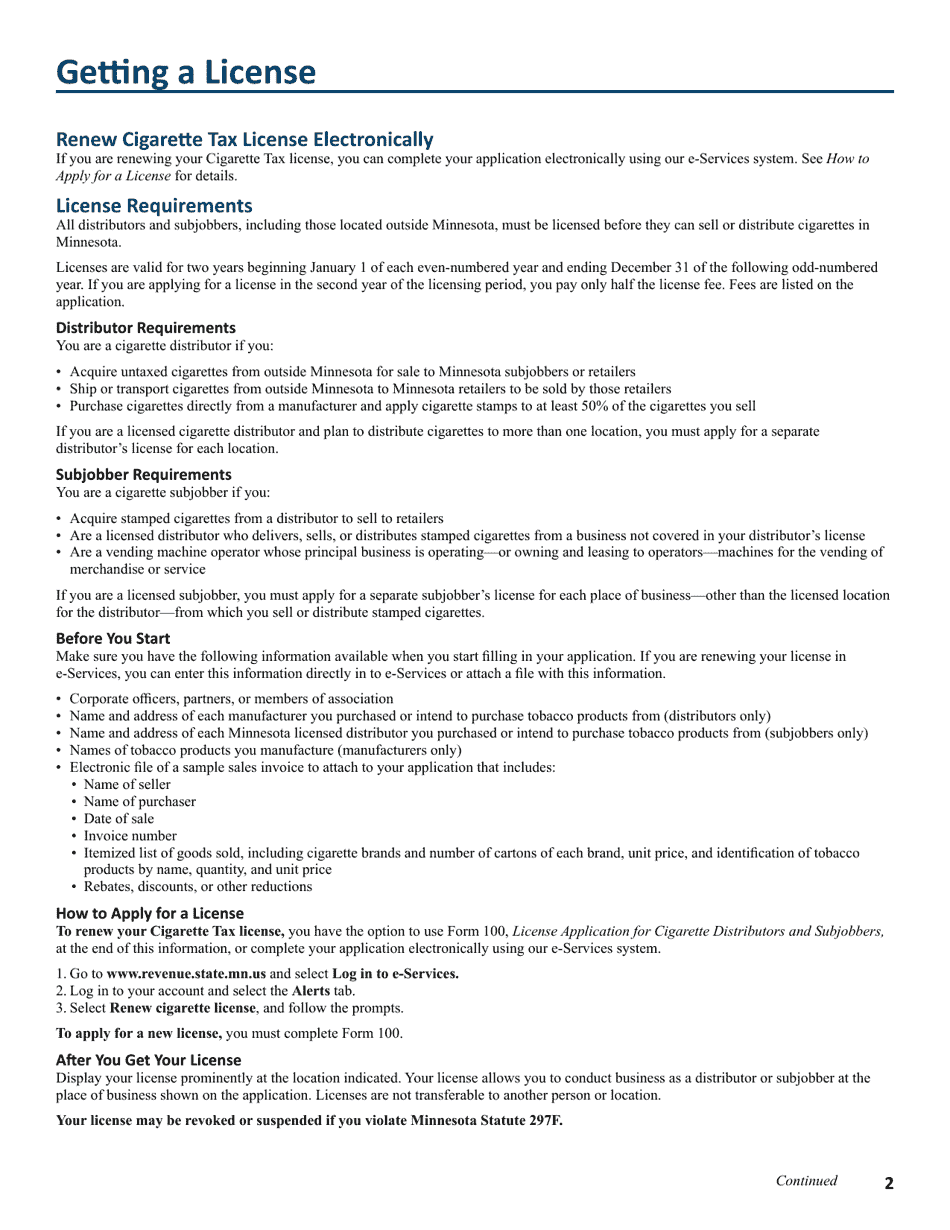 Form CT100 License Application for Cigarette Distributors and Subjobbers - Minnesota, Page 2