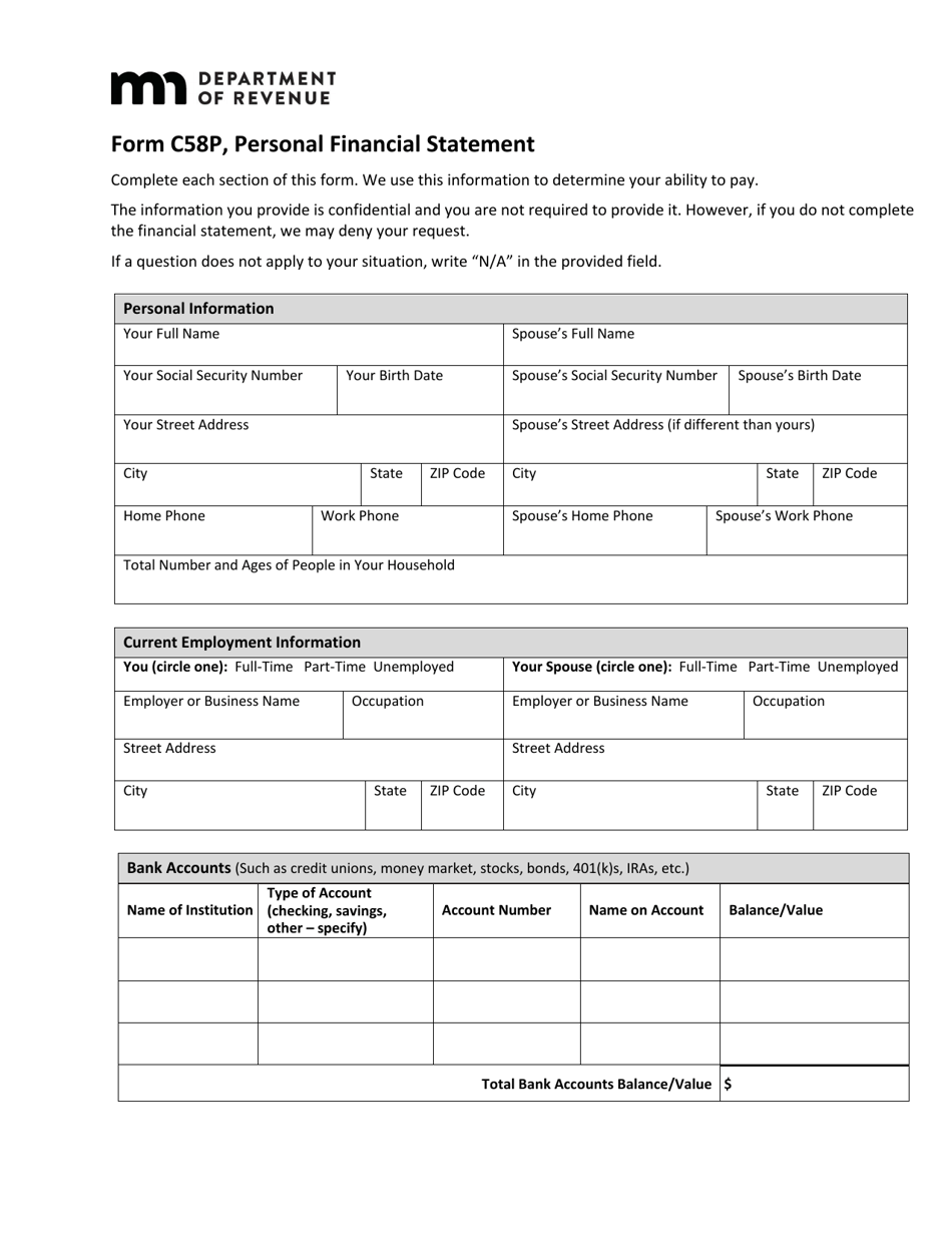 Form C58P Personal Financial Statement - Minnesota, Page 1
