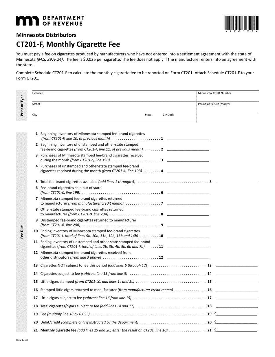 Form CT201-F Monthly Cigarette Fee - Minnesota Distributors - Minnesota, Page 1
