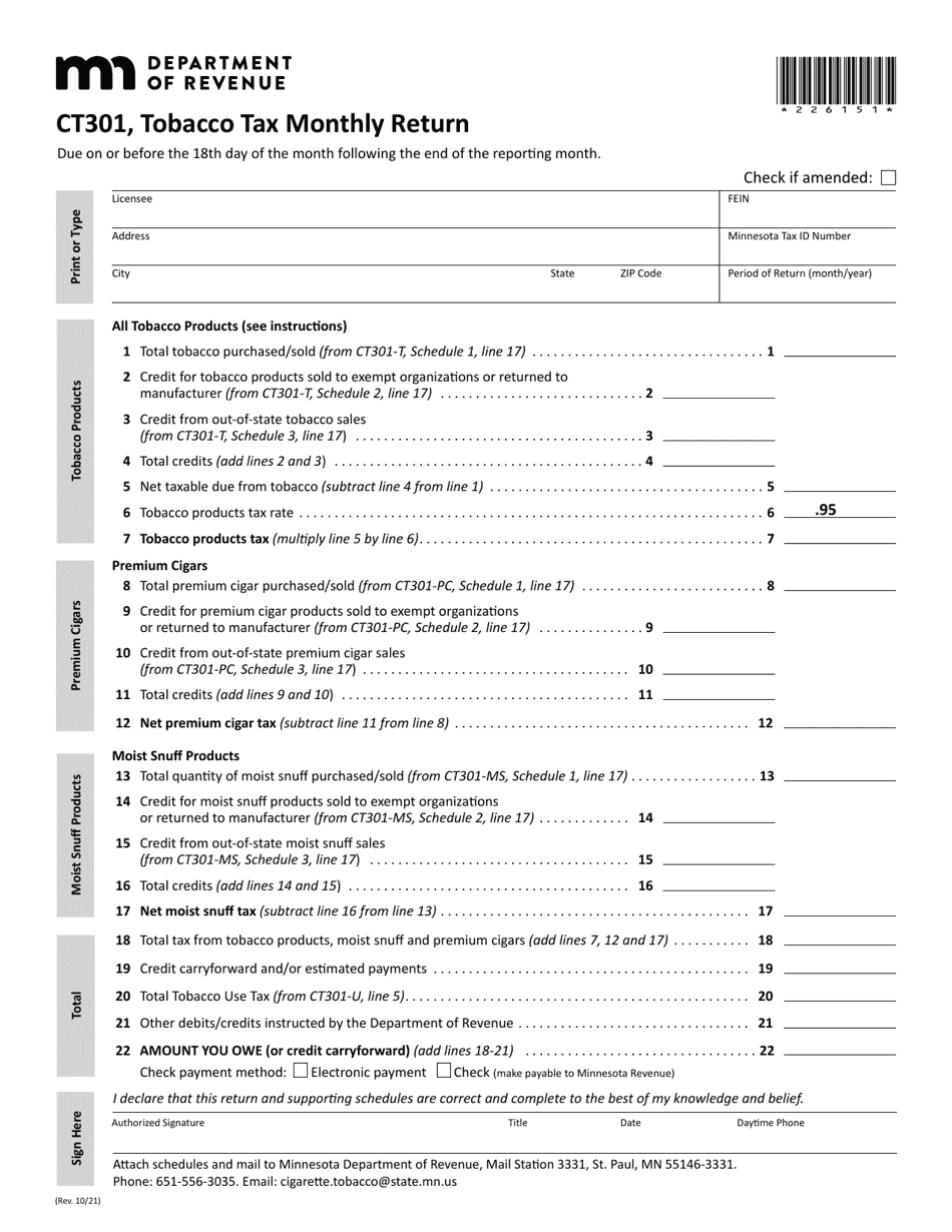 Form CT301 Tobacco Tax Monthly Return - Minnesota, Page 1