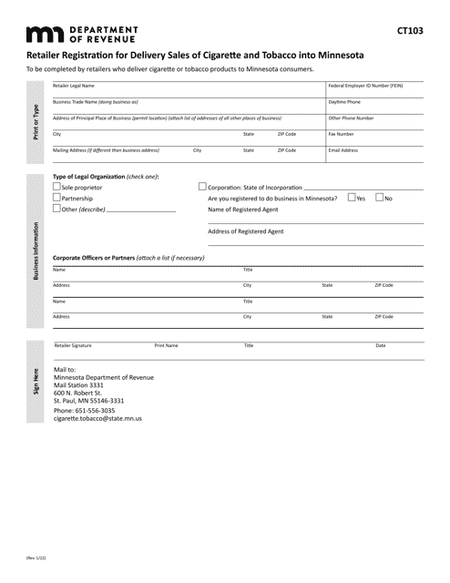 Form CT103 Retailer Registration for Delivery Sales of Cigarette and Tobacco Into Minnesota - Minnesota