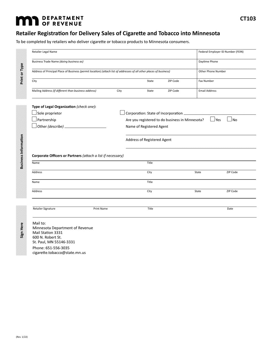 Form CT103 Retailer Registration for Delivery Sales of Cigarette and Tobacco Into Minnesota - Minnesota, Page 1
