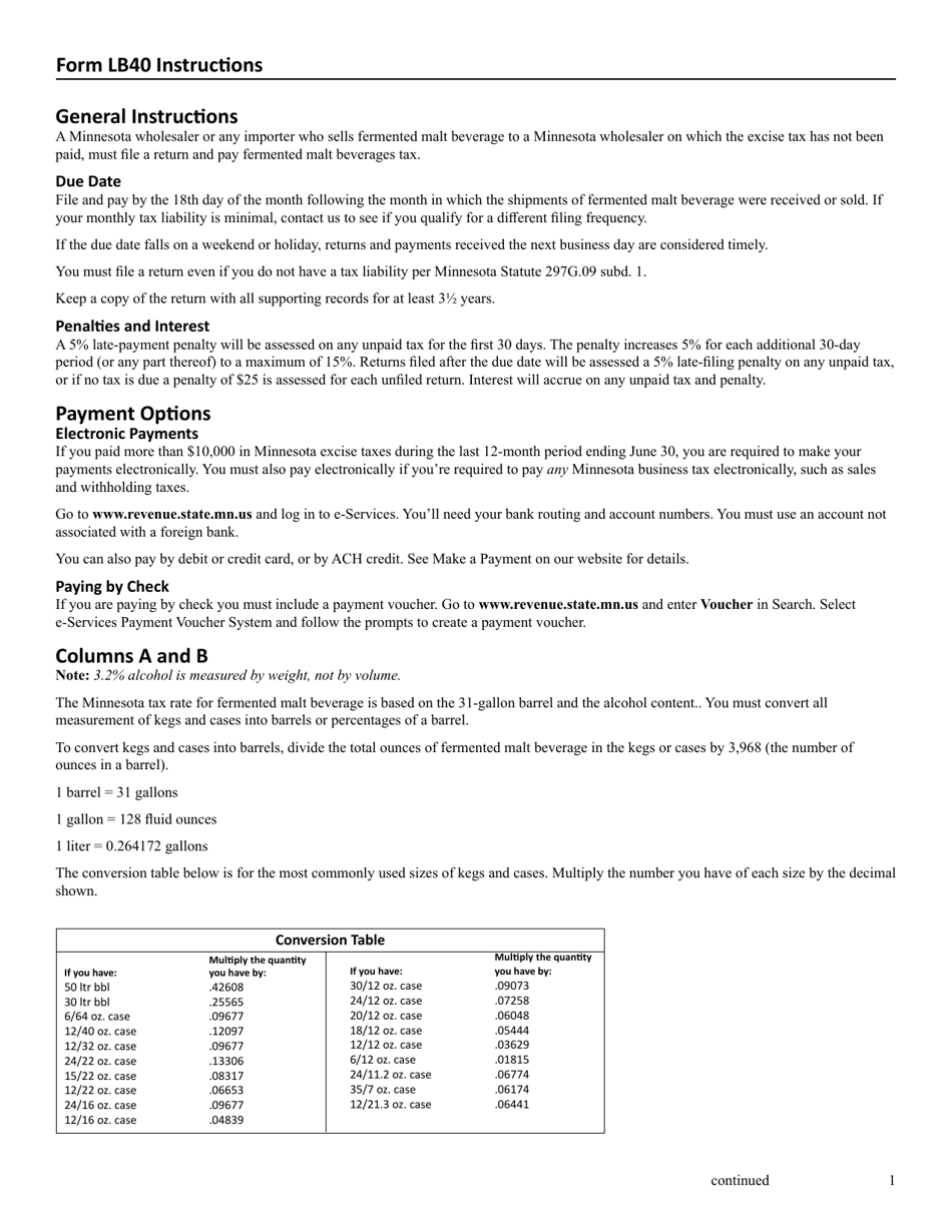 Form LB40 Fermented Malt Beverages Excise Tax Return - Minnesota, Page 3