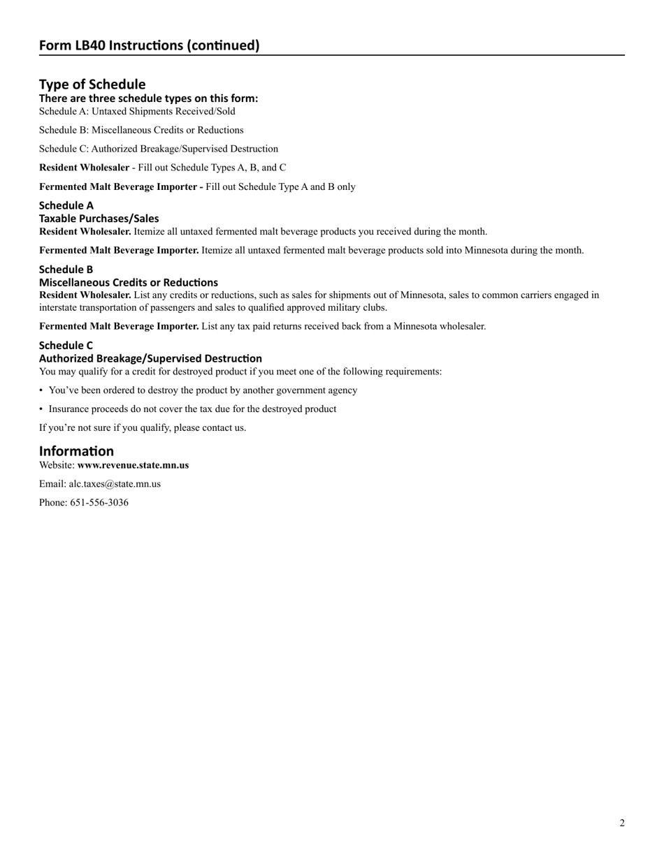 Form LB40 Fermented Malt Beverages Excise Tax Return - Minnesota, Page 4