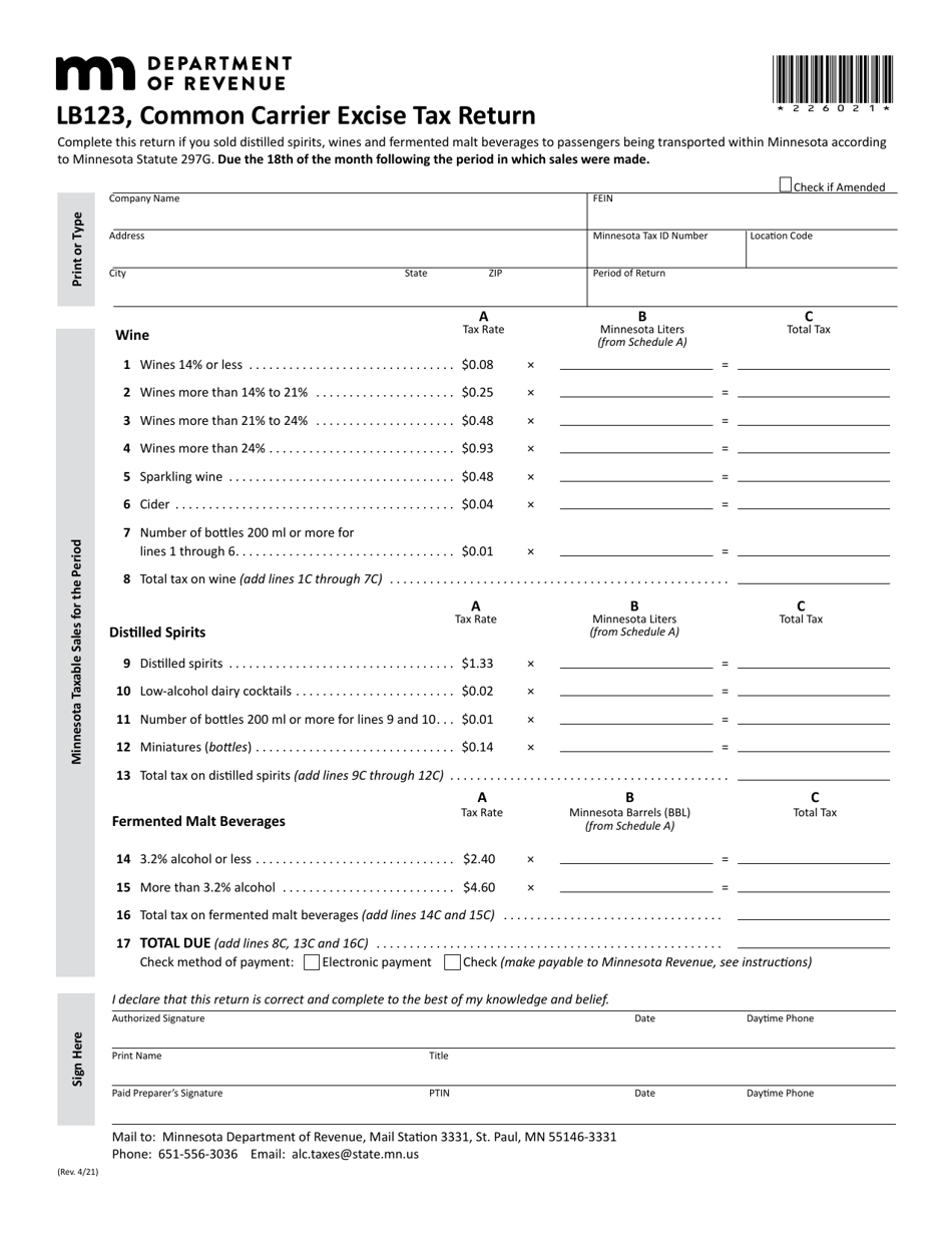Form LB123 Common Carrier Excise Tax Return - Minnesota, Page 1