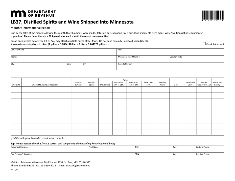 Form LB37 Distilled Spirits and Wine Shipped Into Minnesota - Minnesota, Page 1