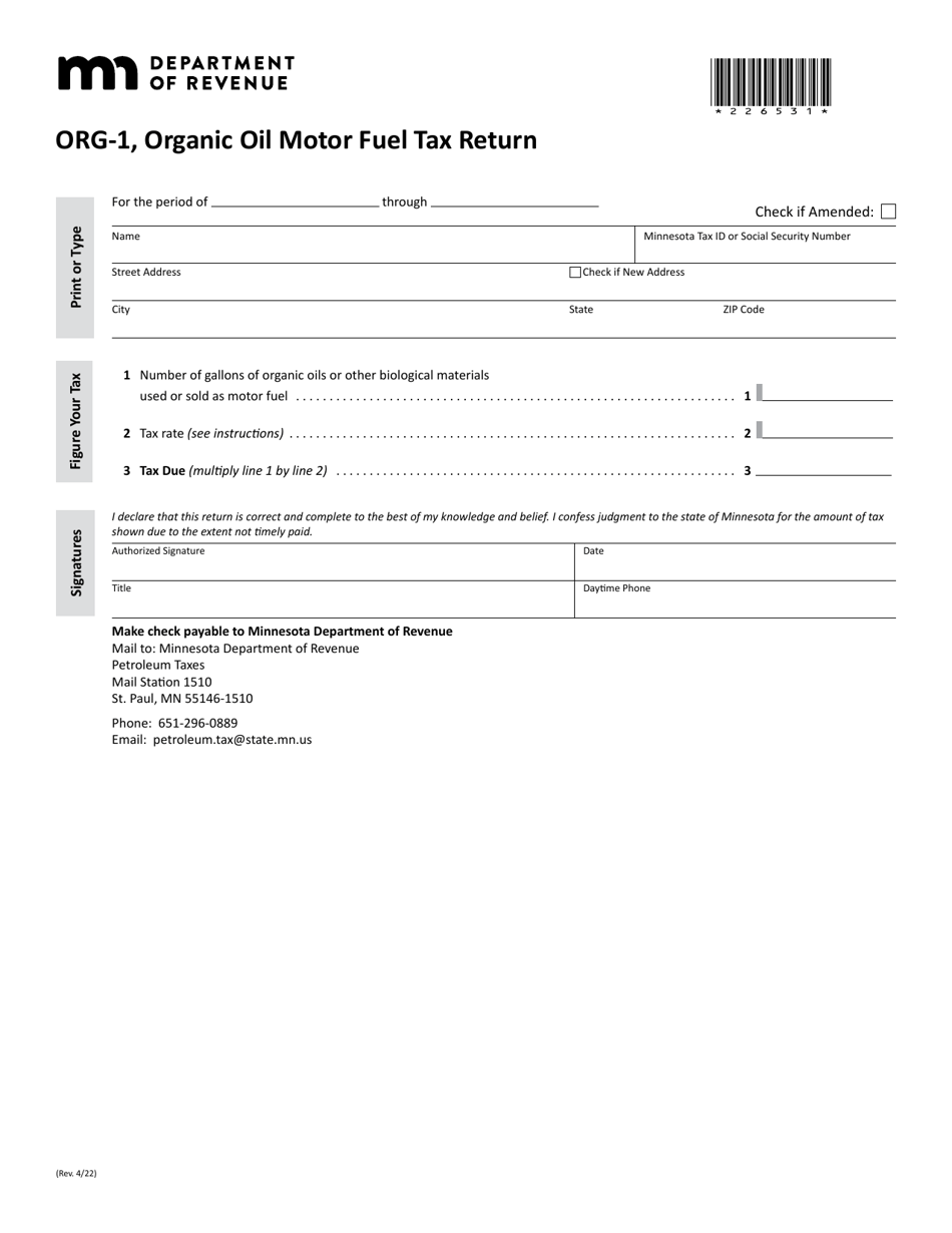 Form ORG-1 Organic Oil Motor Fuel Tax Return - Minnesota, Page 1