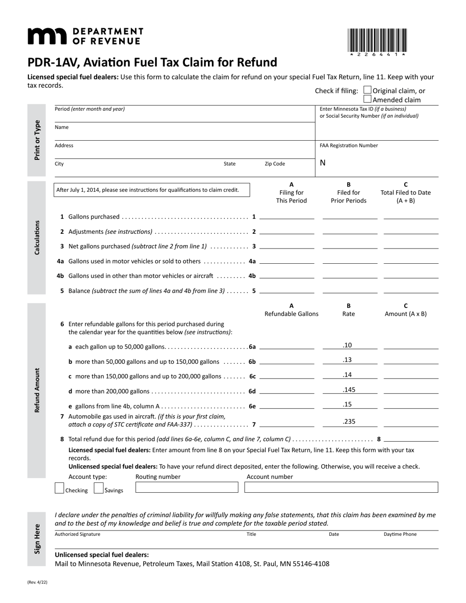 Form PDR-1AV Aviation Fuel Tax Claim for Refund - Minnesota, Page 1