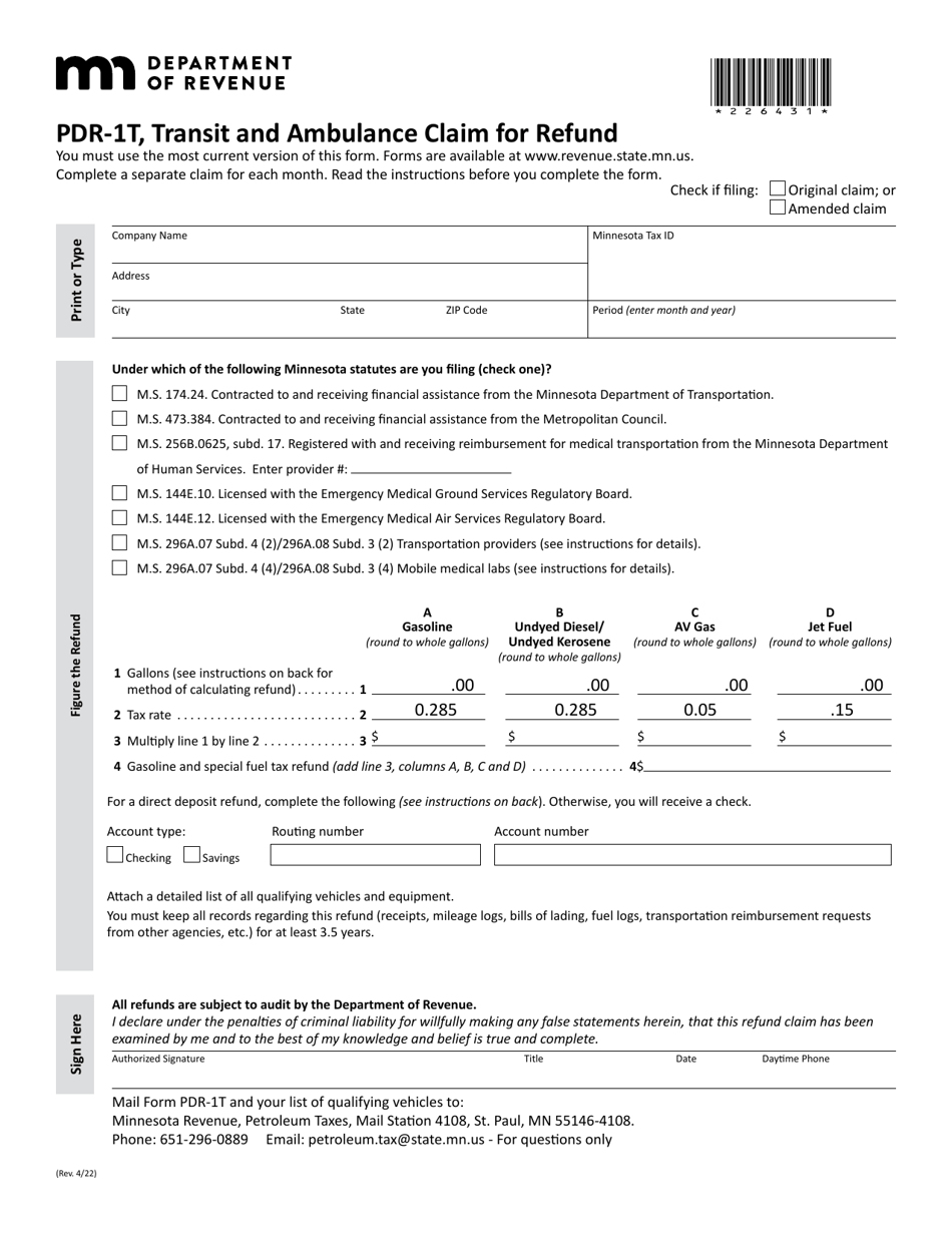 Form PDR-1T Transit and Ambulance Claim for Refund - Minnesota, Page 1