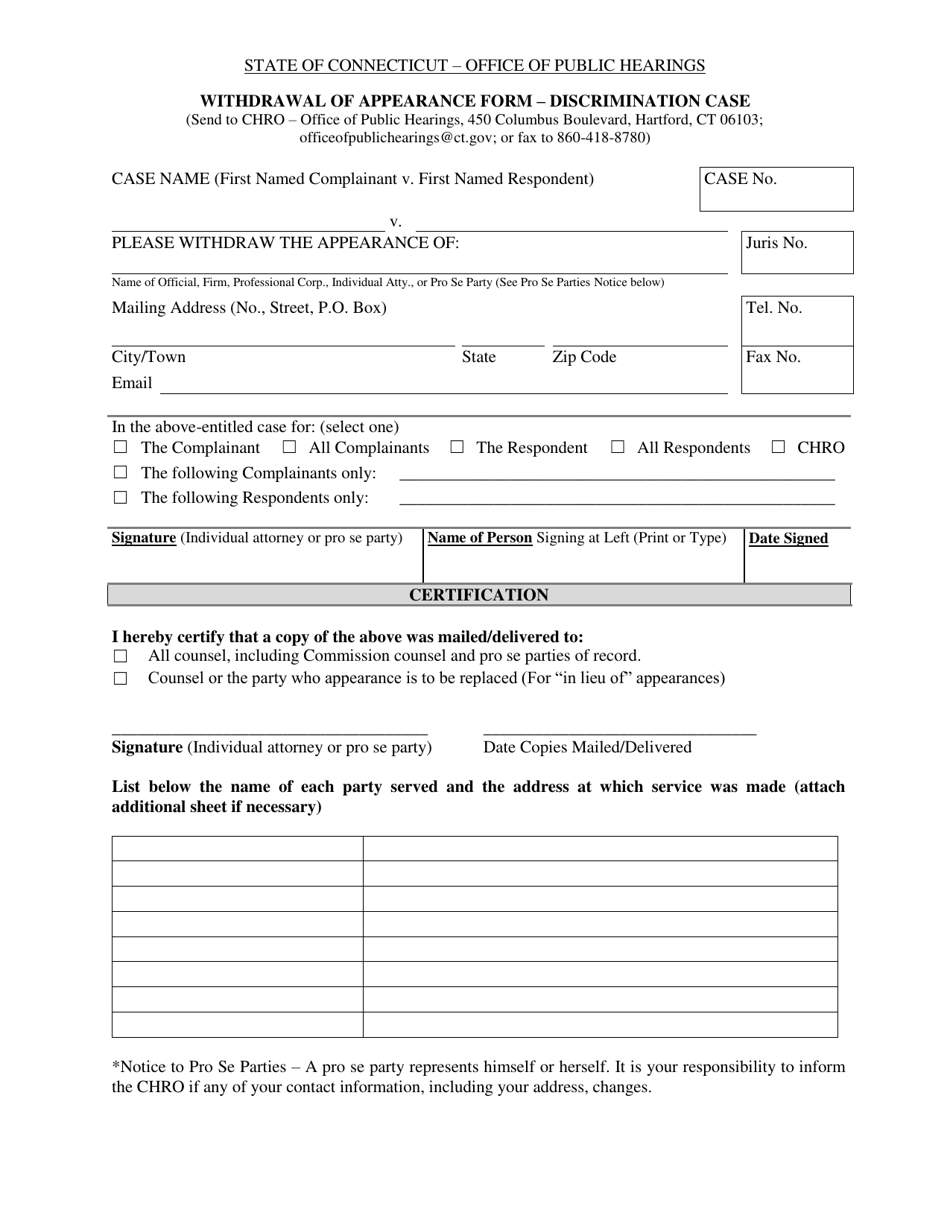 Withdrawal of Appearance Form - Discrimination Case - Connecticut, Page 1