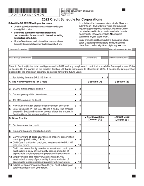 Form DR0112CR Credit Schedule for Corporations - Colorado, 2022