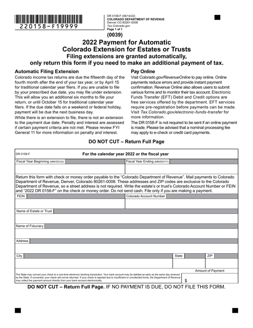 Form DR0158-F Payment for Automatic Colorado Extension for Estates or Trusts - Colorado, 2022