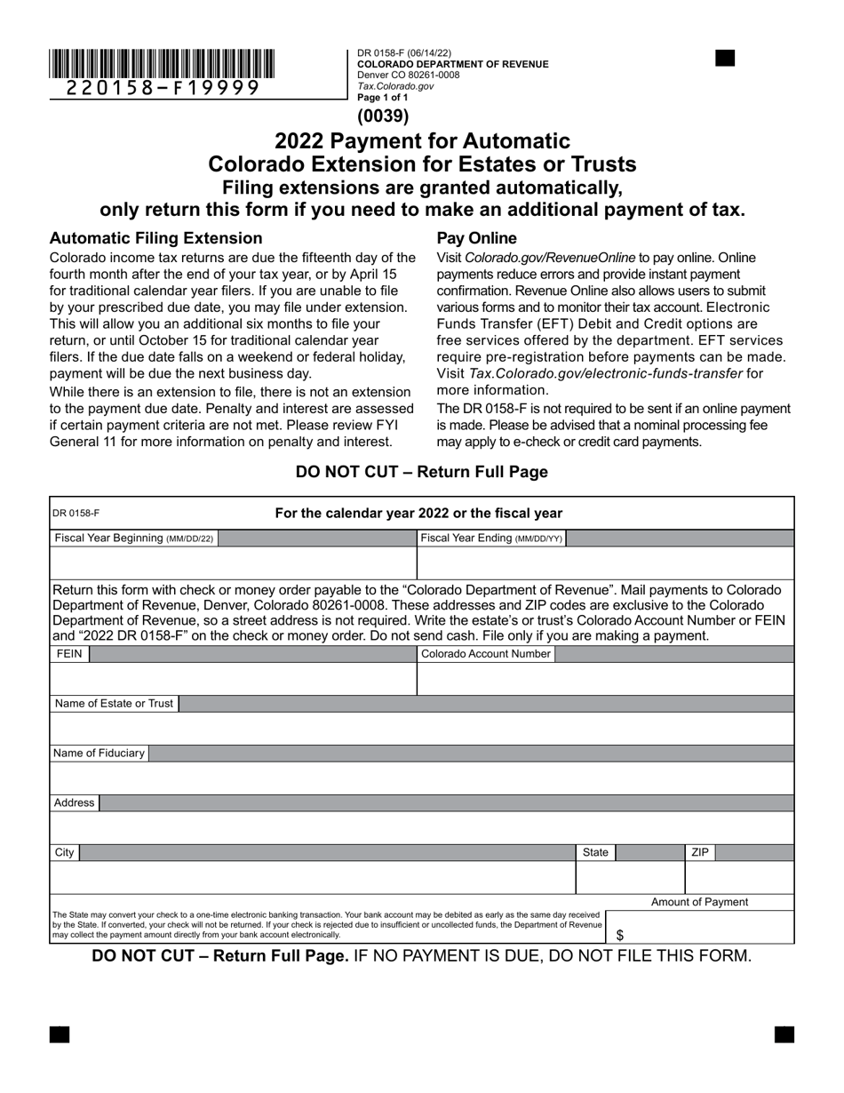 Form DR0158F Download Fillable PDF or Fill Online Payment for