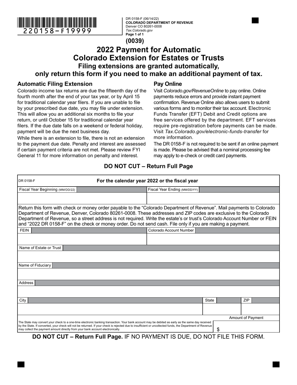 Form DR0158-F Payment for Automatic Colorado Extension for Estates or Trusts - Colorado, Page 1