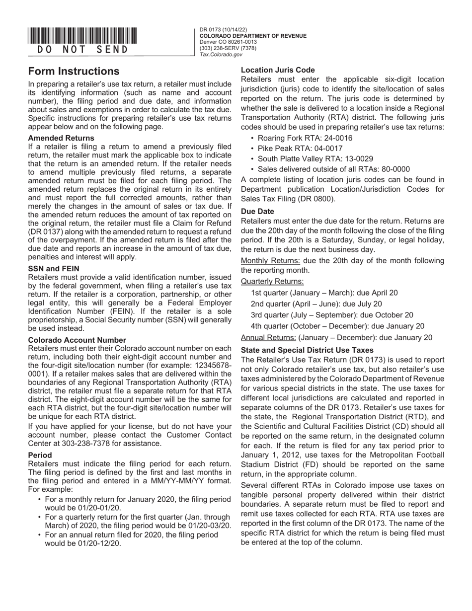 Form DR0173 Retailers Use Tax Return - Colorado, Page 2