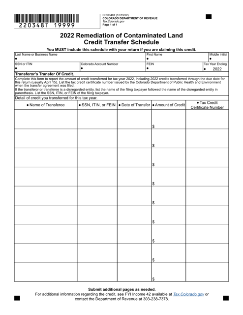 Form DR0348T Remediation of Contaminated Land Credit Transfer Schedule - Colorado, 2022