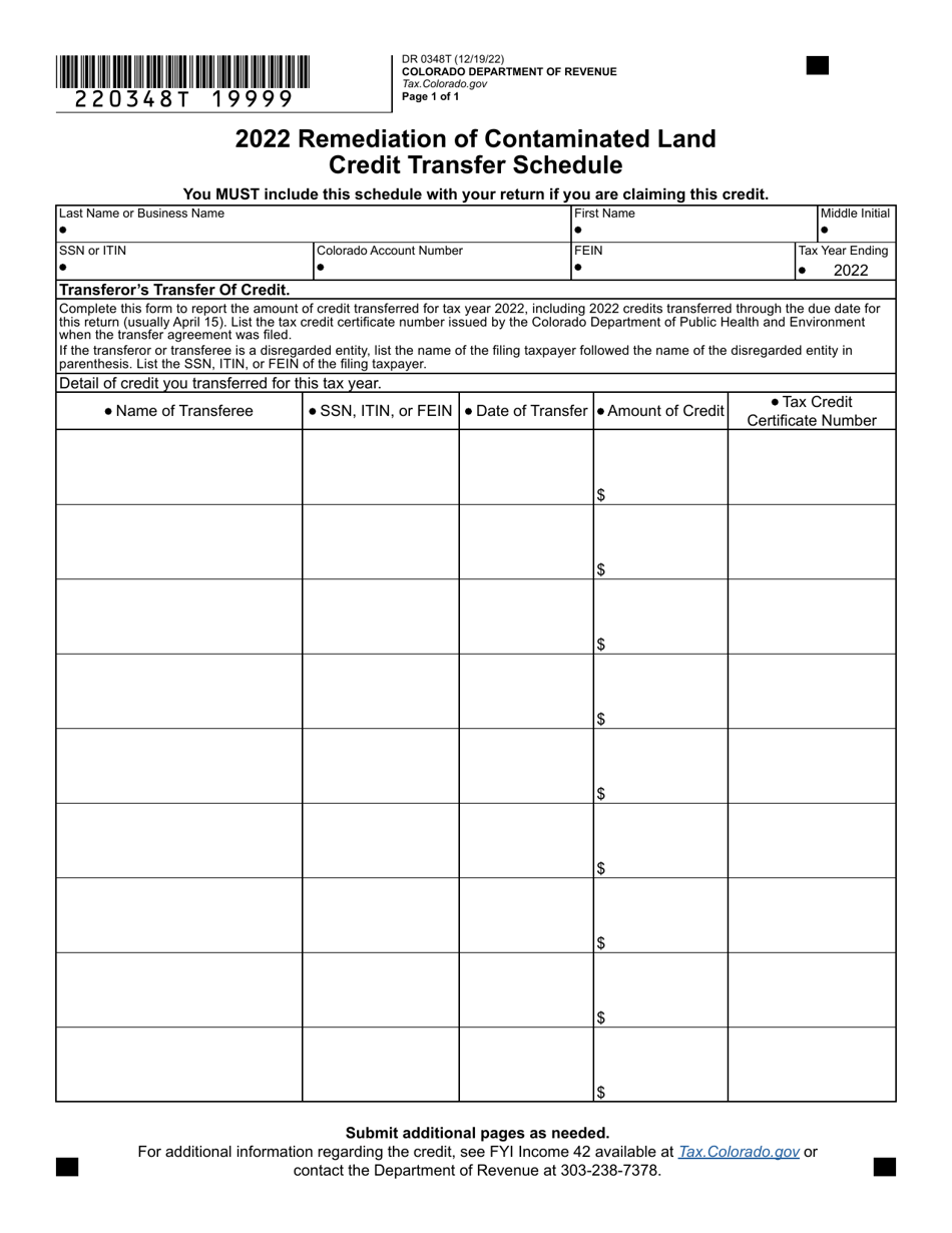 Form DR0348T Remediation of Contaminated Land Credit Transfer Schedule - Colorado, Page 1