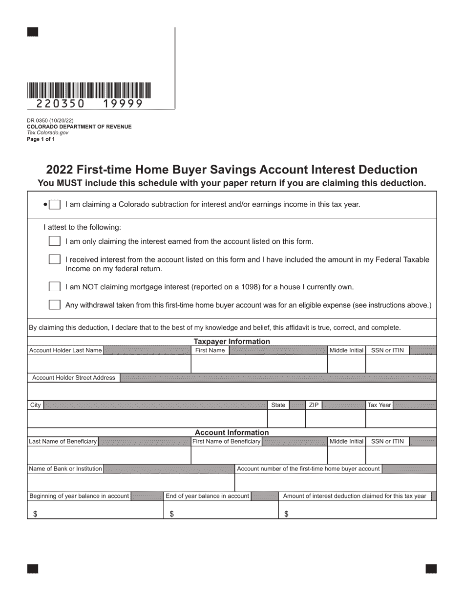 Form DR0350 First-Time Home Buyer Savings Account Interest Deduction - Colorado, Page 2