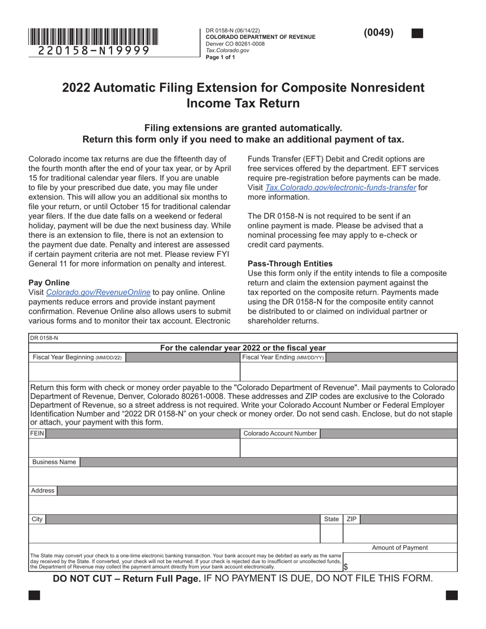Form DR0158-N Automatic Filing Extension for Composite Nonresident Income Tax Return - Colorado, Page 1