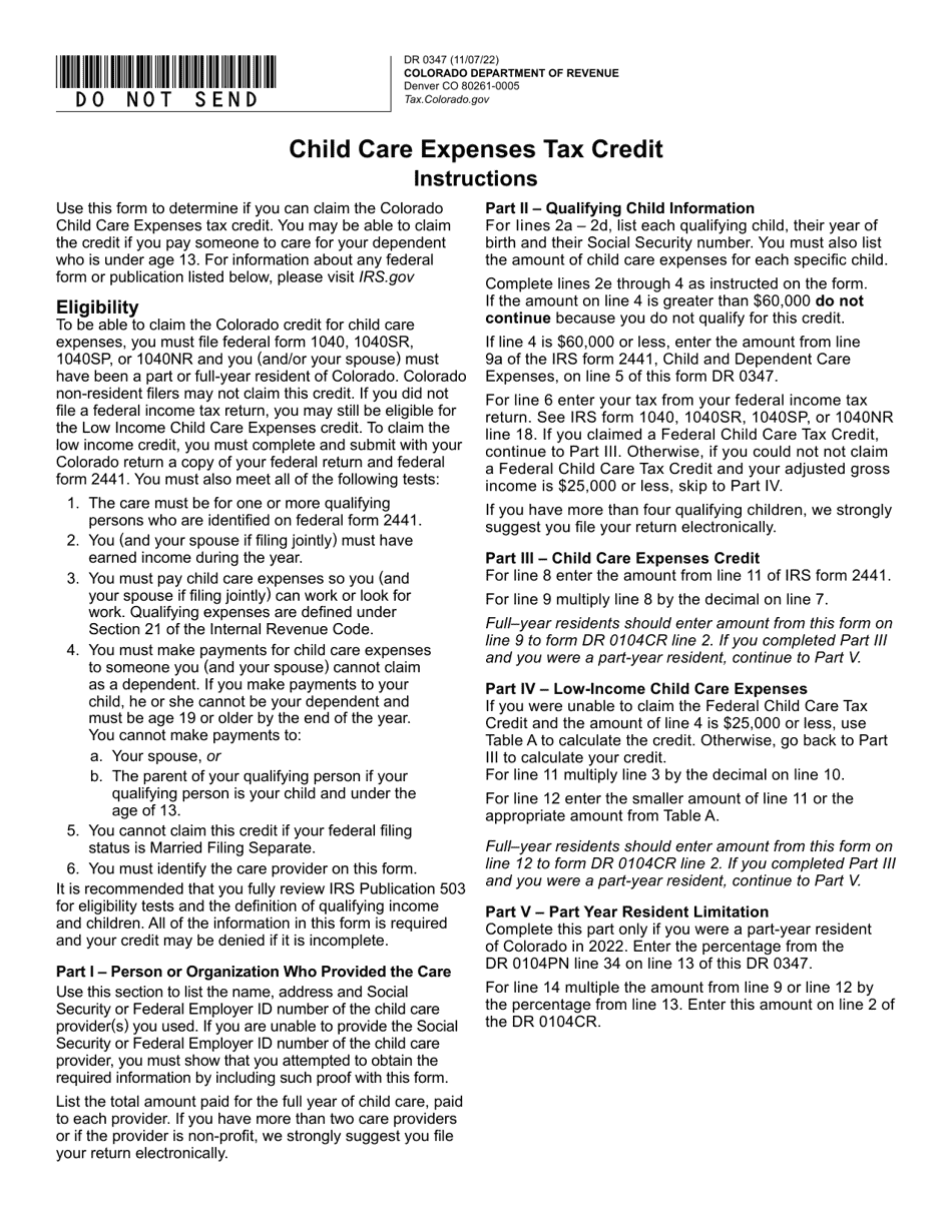 Form DR0347 Child Care Expenses Tax Credit - Colorado, Page 1