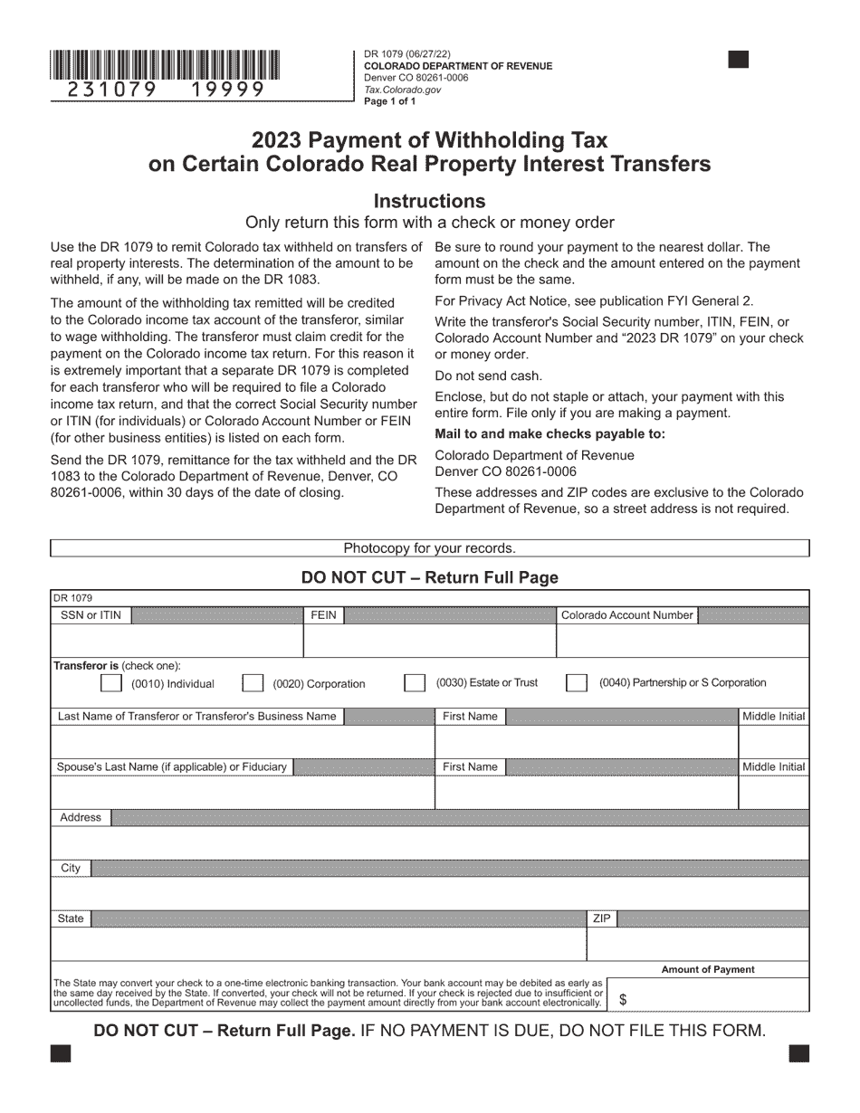 Form DR1079 Payment of Withholding Tax on Certain Colorado Real Property Interest Transfers - Colorado, Page 1